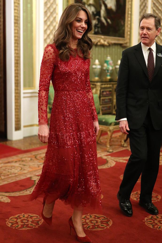 Talk about looking ravishing in red - Catherine wowed in this red embellished frock from emerging British brand, Needle and Thread, at Buckingham Palace in January 2020.