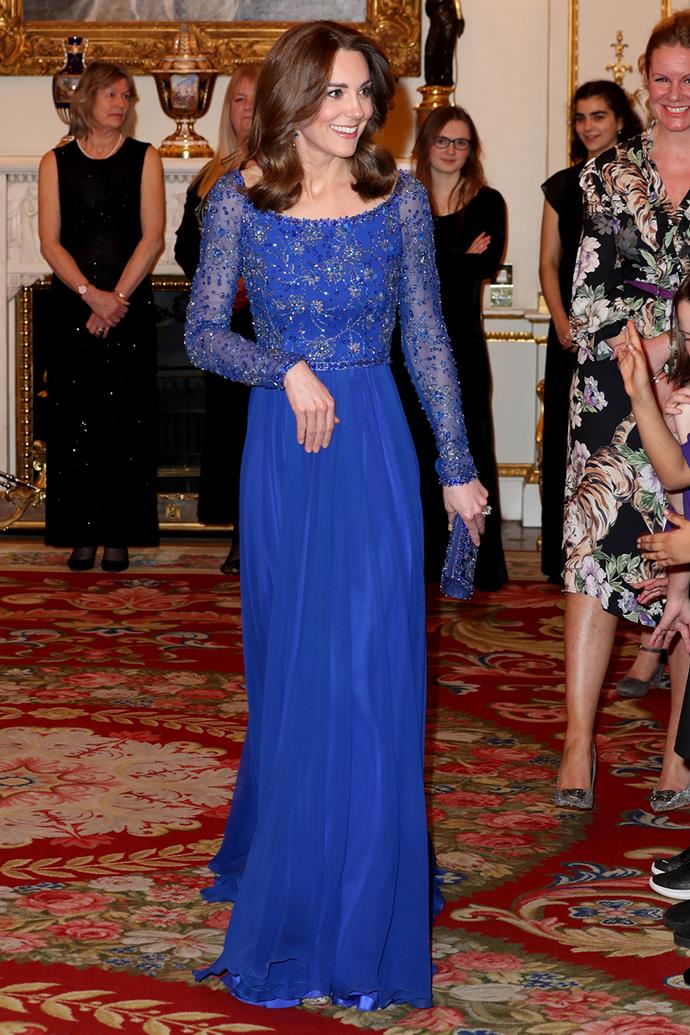 Prior to the COVID-19 pandemic, the duchess chose this lightly embellished blue number - another Jenny Packham - to host a gala dinner at Buckingham Palace in March 2020. In fact, it was a recycled piece too.