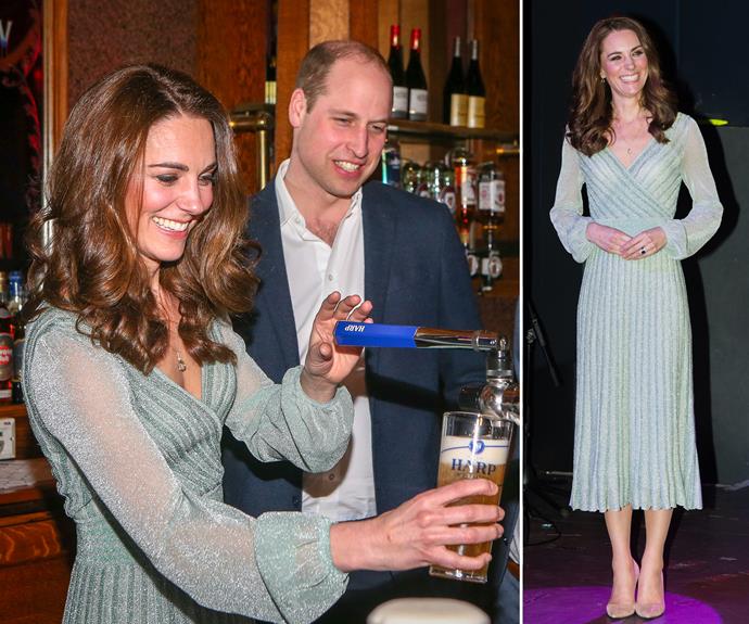 The duchess shimmered in this icy blue Missoni dress as she pulled pints of lager during a February 2019 trip to Belfast, Northern Ireland.