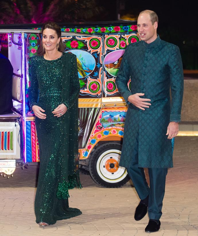 She first wore the emerald green ensemble at a special reception during her and William's October 2019 royal tour of Pakistan, styling it with a matching sash.