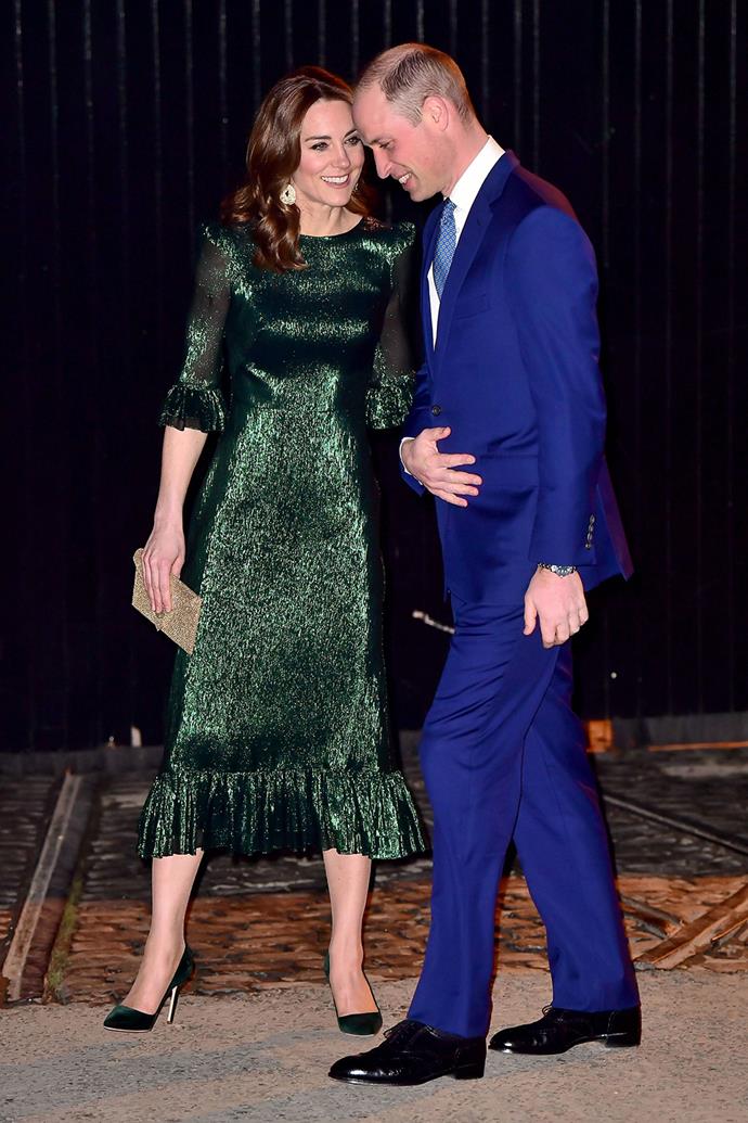 For a reception hosted in Ireland in 2020 the Duchess of Cambridge a chose a shimmering green dress by The Vampire's Wife.