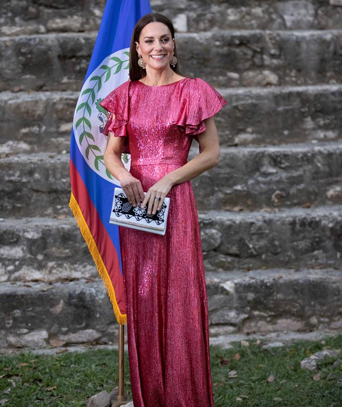 Catherine wowed in this bespoke shimmering pink dress from The Vampire's Wife on the third evening of [her and Prince William's royal tour of the Caribbean](https://www.nowtolove.com.au/fashion/fashion-trends/kate-middleton-royal-tour-best-fashion-71488|target="_blank") in March 2022.

