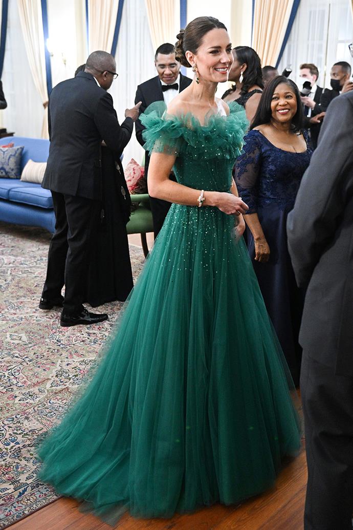 Catherine, Duchess of Cambridge in a regal green gown by British designer Jenny Packham.
