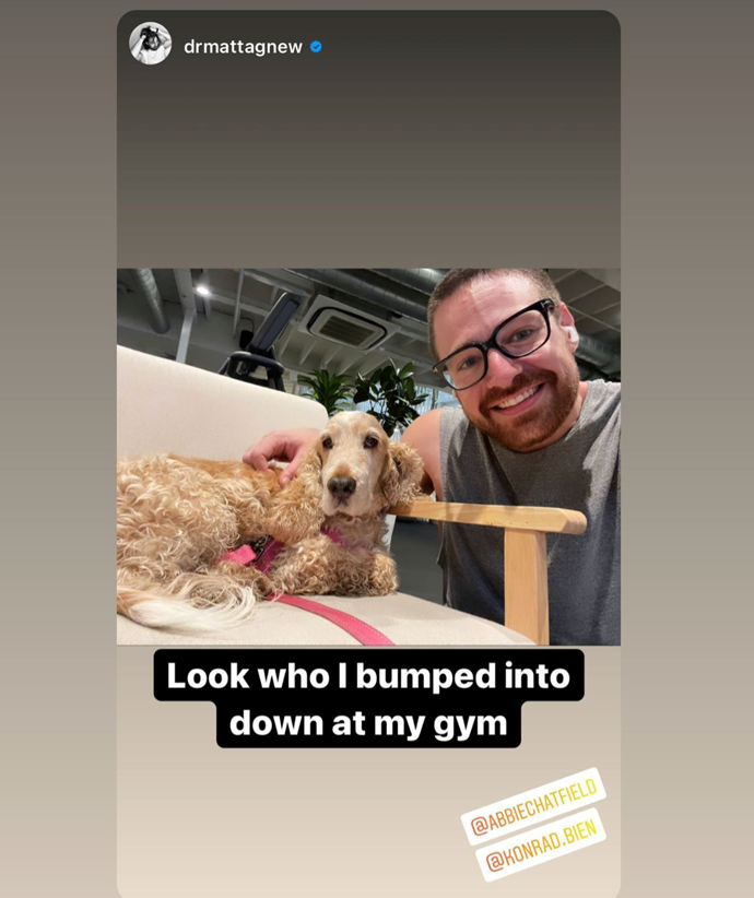 Matt took to Instagram to share a selfie with Abbie and Konrad's new rescue dog Marco.