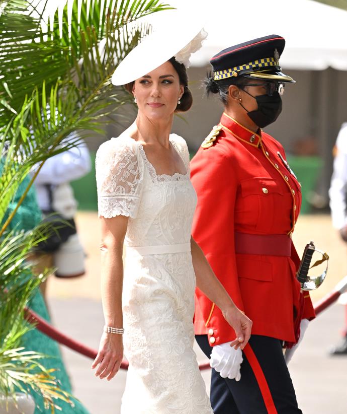Catherine wore the sentimental piece during her royal tour of the Caribbean in March 2022, pairing it with a white lace Alexander McQueen dress very reminiscent of Diana's white outfit.
