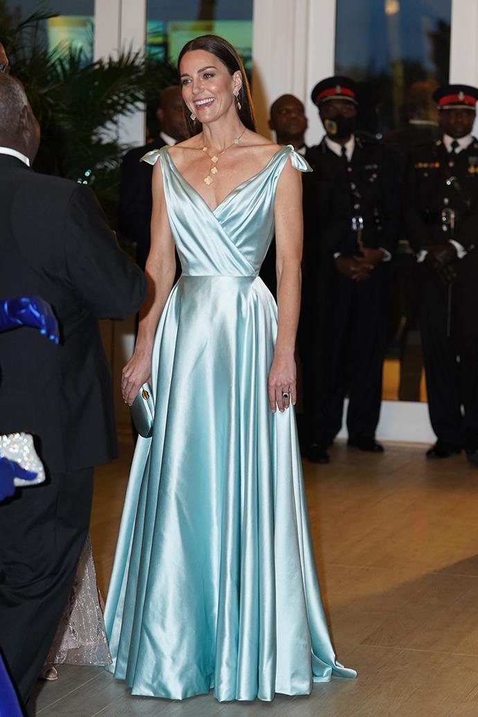 There was only one word to describe Catherine in this Phillipa Lepley gown: heavenly. The luxurious turquoise satin gown stole the show as she and William attended a glamorous reception hosted by the Bahamian Governor General.