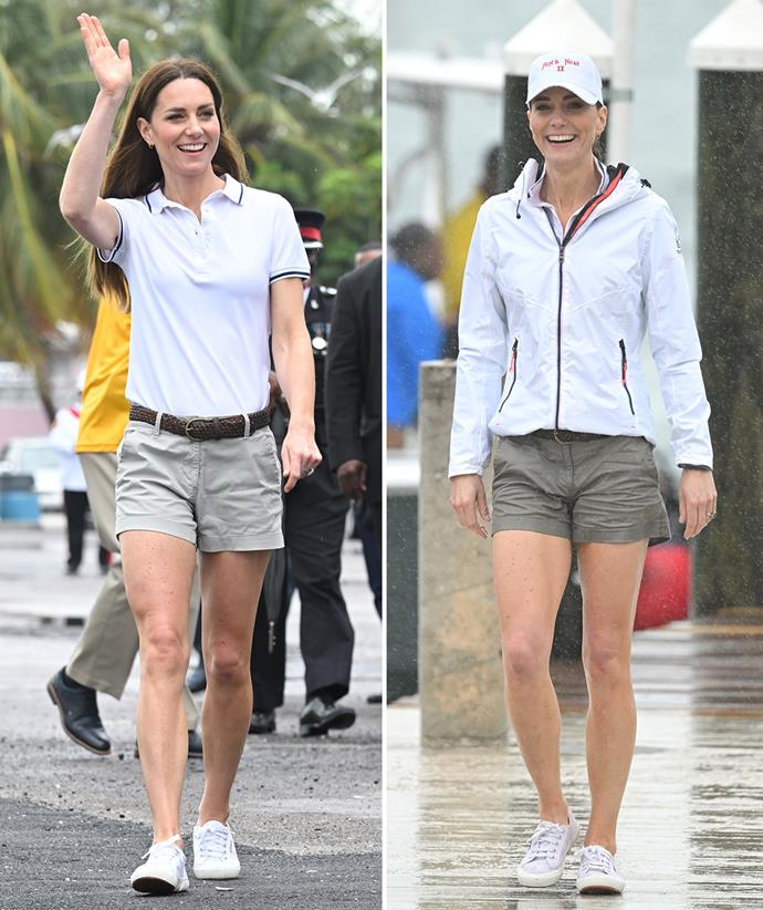 Even a shower of rain couldn't dull the duchess' shine in this comfy, casual outfit on day seven of the tour. She wore a Gill Marine polo and Superga sneakers for The Bahamas Platinum Jubilee Sailing Regatta at Montagu Bay, later adding a Tribord sailing jacket to keep the rain off.