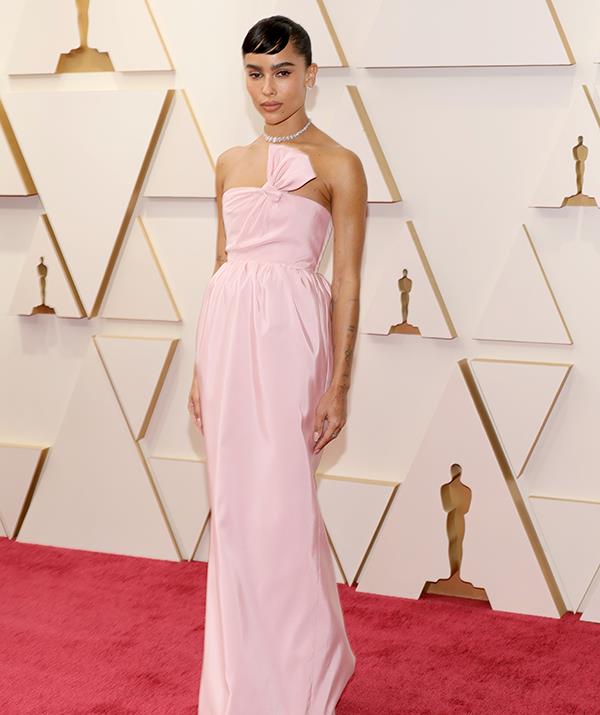 Zoe Kravitz opted for a Saint Laurent baby pink gown with bow detailing at the bust.