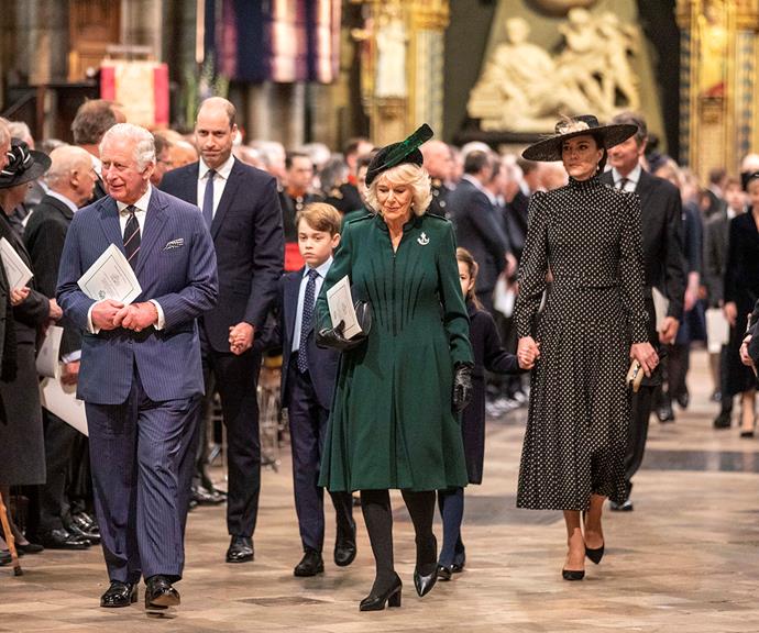 Prince Charles, Camilla, Duchess of Cornwall and Catherine, Duchess of Cambridge leave the service.