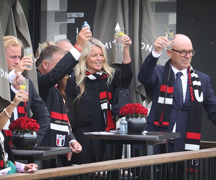 Simone raised a glass to Shane during his private funeral at St Kilda Football Club on March 20.