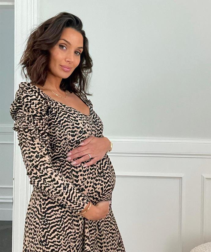 Showing off the bump in this printed frock, Snez confessed: "I feel like I am buying new clothes every week to fit my growing bump and growing toddlers."