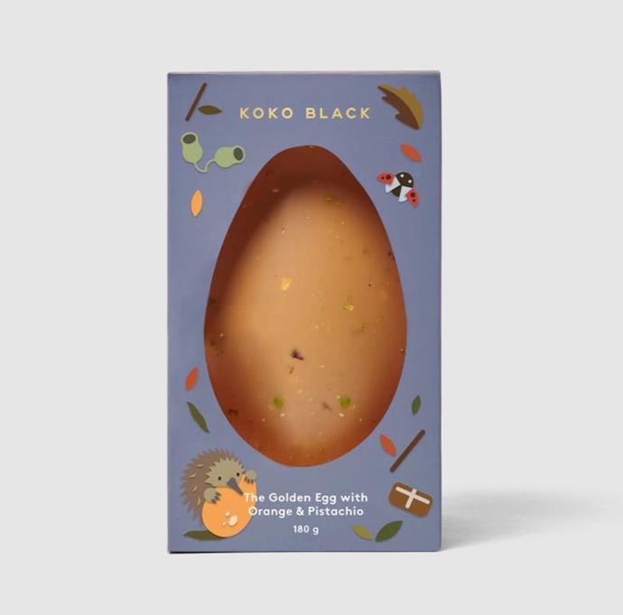 The Golden Egg with Orange and Pistachio, $24.90, [Koko Black.](https://www.kokoblack.com/products/the-golden-egg-with-orange-and-pistachio|target="_blank") 