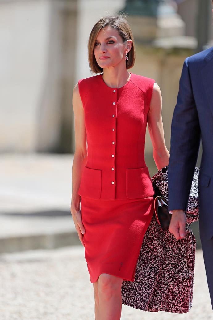 While in Paris in 2015, Letizia chose this Nina Ricci set to visit the French National Assembly.