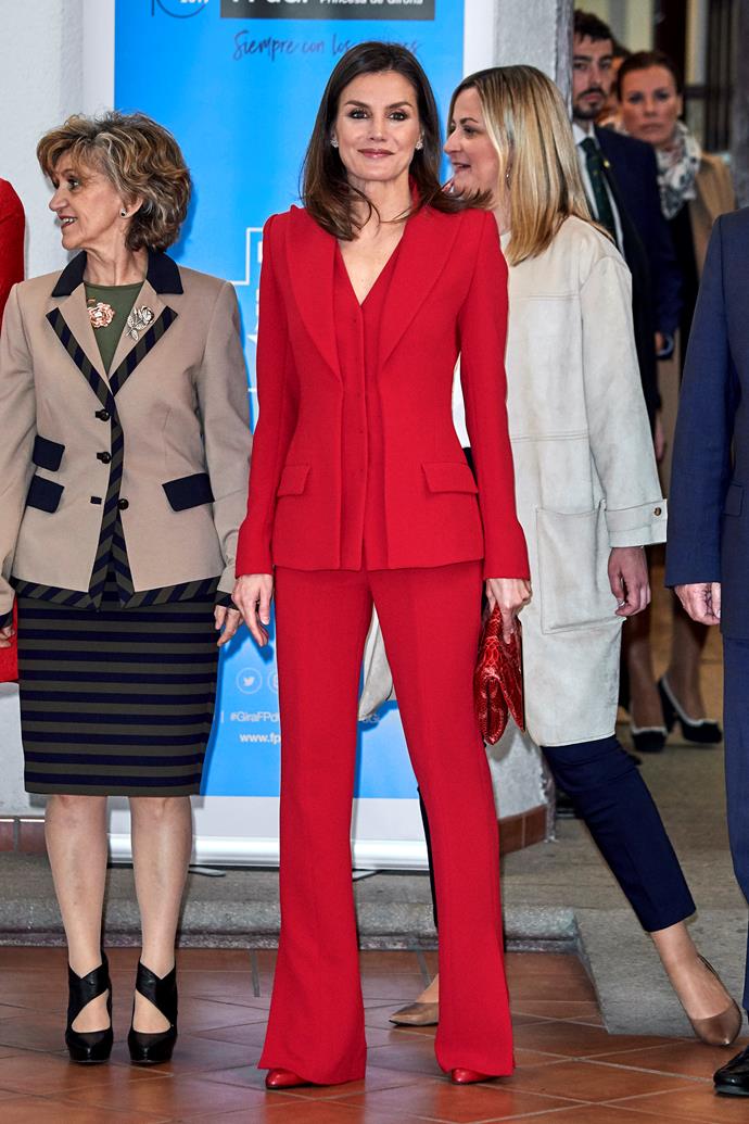 And she's not afraid to try more tailored looks either, recently sporitng this chic vermillion pants suit.
