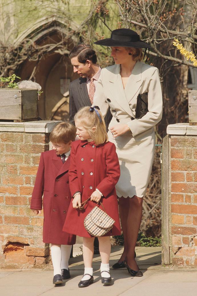 Here the Prince and Princess of Wales lead young Prince William and Lady Zara Phillips out of the church after the 1988 service, all of them looking stylish.