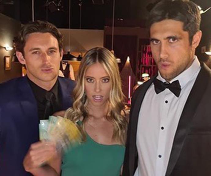 "Summer Bay's never been so classy ♥️♣️." Ryan Panizza, Jacqui Purvis and Ethan Browne looked a million dollars while shooting Mackenzie's casino event.