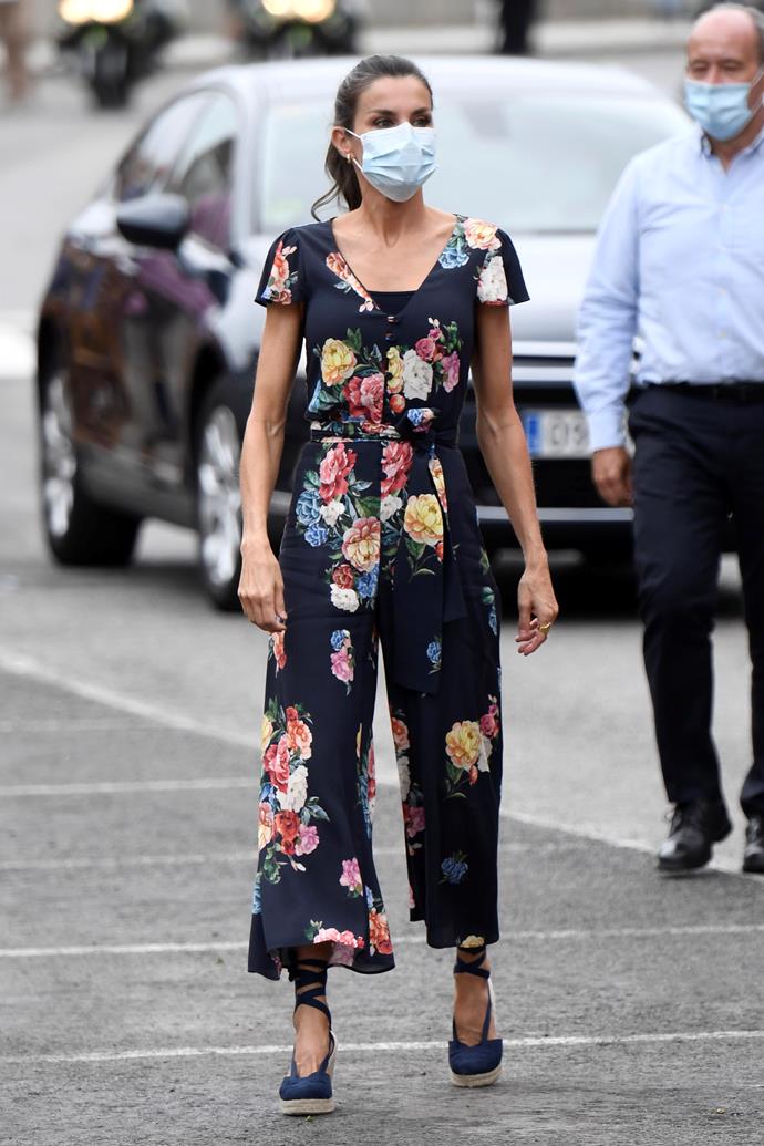 A royal in a floral jumpsuit, yes please! Letizia donned this vibrant outfit at Spain's Torrelavega market in 2020.