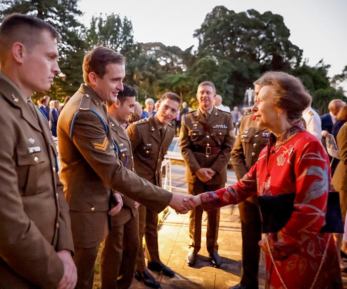 The Princess Royal meets members of the two Australian military Corps she is Patron of at a garden party at Government House.
