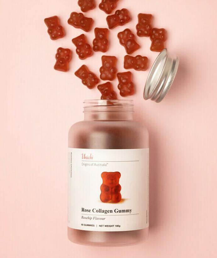 If you're not sold on powder collagen supplements, try these fun gummies that promise to have your skin glowing. Packed with Marine Collagen, they're flavoured with natural Rosehip and make taking your daily collagen supplement super easy.<br><br>
***Unichi Rose Collagen Gummy, currently on sale for $26.57, from [Nourished Life.](https://www.nourishedlife.com.au/health-supplements/3403479/unichi-rose-collagen-gummy.html|target="_blank")***