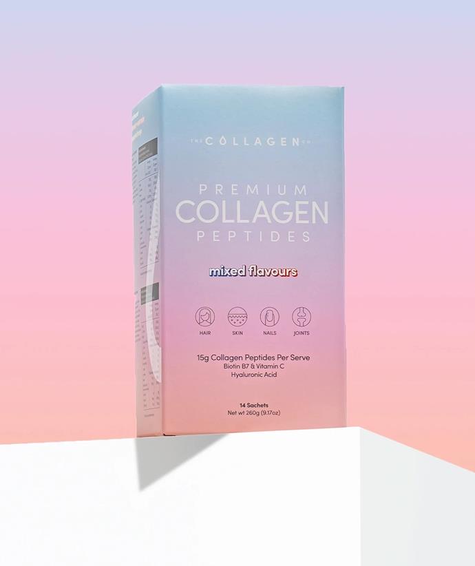 Gorgeous eco-friendly packaging, fun flavours and improved skin - what more could you ask for? Packed with grass-fed hydrolyzed bovine collagen peptides, one box comes with four unflavoured sachets, five strawberry watermelon sachets and five passionfruit mango sachets.<br><br>
***Mixed Flavours Collagen Sachets, $49, from [The Collagen Co.](https://www.thecollagen.co/products/mixed-flavours-collagen-sachets-260g|target="_blank")***