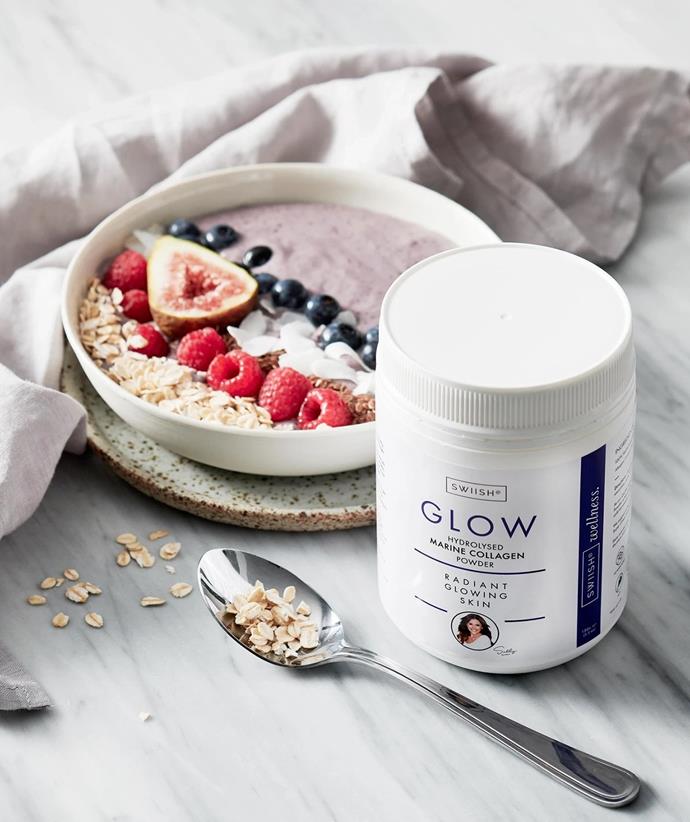 This scientifically developed and naturopath approved supplement claims to pomote younger-looking, glowing skin when added to food or drink daily. The packaging is also made from recyclable plastic - bonus!<br><br>
***Glow Marine Hydrolysed Collagen Powder, $59.95, from [SWIISH.](https://www.swiish.com/products/glow-marine-hydrolysed-collagen-powder?|target="_blank")***