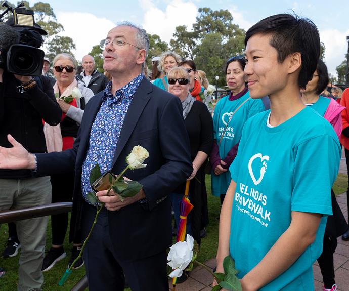 Andrew Denton speaks alongside Belinda Teh before walking on to the WA Parliament with VAD advocates in 2019.