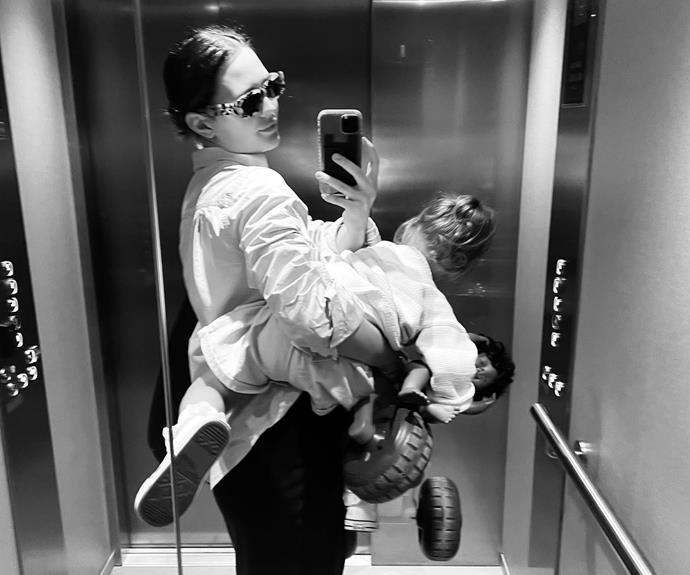 The juggle is real! Jesinta snapped this photo with her little girl in the lift before a busy day, captioning the snap "Happy Monday!"