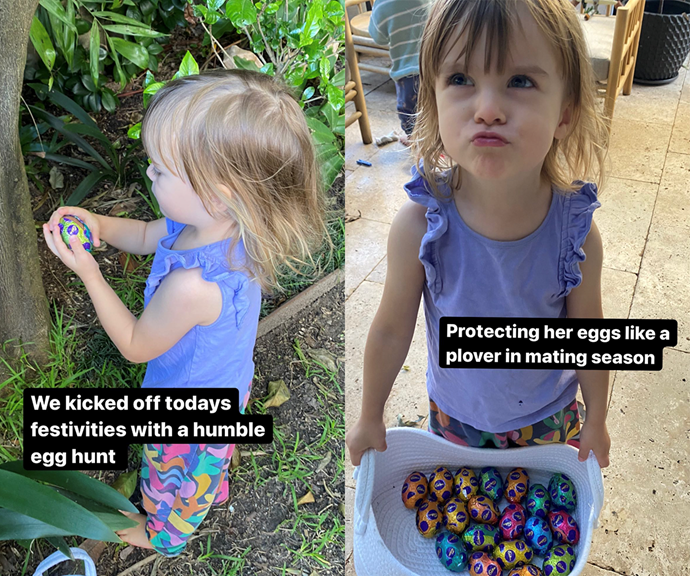 [*Bachelor* alums Laura Byrne and Matty J](https://www.nowtolove.com.au/parenting/celebrity-families/laura-byrne-easter-hats-kids-71757|target="_blank") were in parenting mode this long weekend as they enjoyed an Easter egg hunt with their daughters Marlie Mae, two, and Lola, one.
<br><br>
Laura uploaded these hilarious snaps of Marlie Mae searching for chocolate in their backyard.