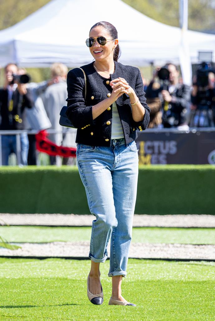 There's nothing more classic than a good pair of jeans! The Duchess of Sussex paired them with a black Celine jacket, aviator sunnies and Chanel ballet flats - the same ones she donned for her 2021 family Christmas card.
