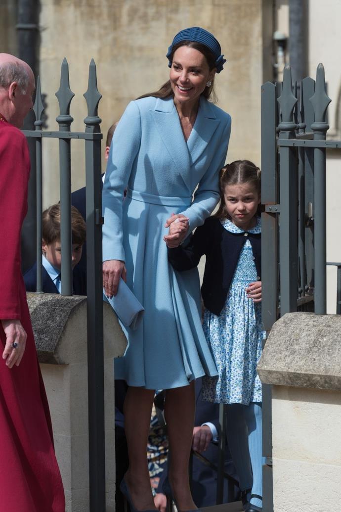 Catherine and Charlotte were pretty in powder blue as they attended the traditional Easter service [at St George's Chapel in Windsor in 2022.](https://www.nowtolove.com.au/royals/international-royals/royals-easter-celebrations-2022-71812|target="_blank")