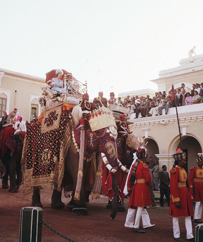 That same year the Queen, who is always up for an adventure, enjoyed an elephant ride at Benares during a tour of India.