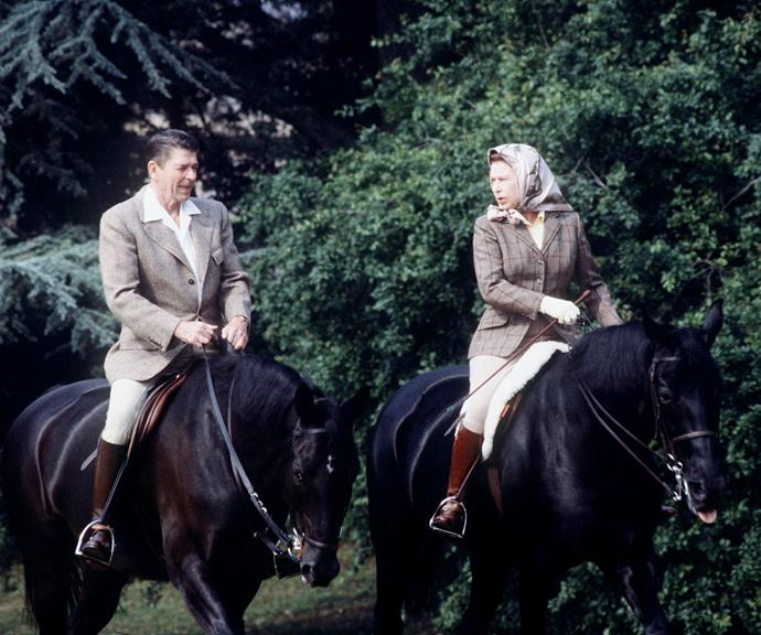 In 1982 she was pictured showing US President Ronald Reagan how it's done on horseback during his visit to the UK.