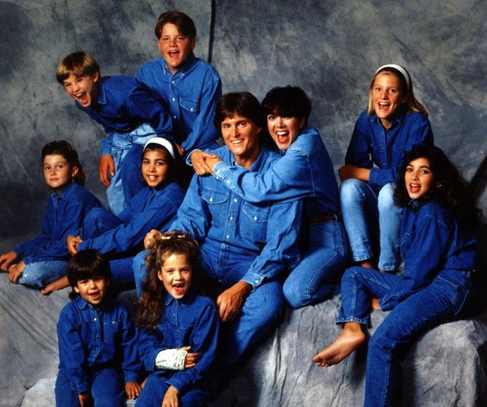 A 1991 family portrait featuring Brody Jenner, Kourtney Kardashian, Caitlyn Jenner, Kris Jenner, Cassandra Jenner, Kim Kardashian,(Middle row, L-R), Brandon Jenner, Burt Jenner (top row, L-R), and Robert Kardashian, Jr., Khloe Kardashian (bottom row, L-R).