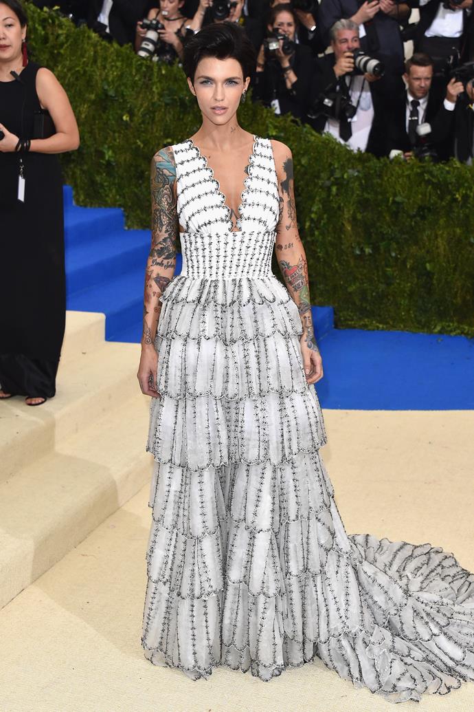 **HIT:** Ruby Rose in Burberry, 2017.
<br><br>
The texture makes this dress a hit, as does Ruby's tall stature and blunt haircut.