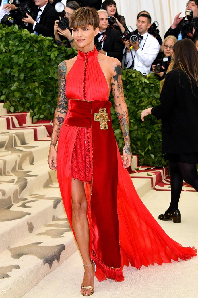 **MISS:** Ruby Rose in Tommy Hilfiger, 2018.
<br><br>
It's on-theme, but sadly this outfit reads more 'Halloween costume' than 'Met Gala look' - miss.