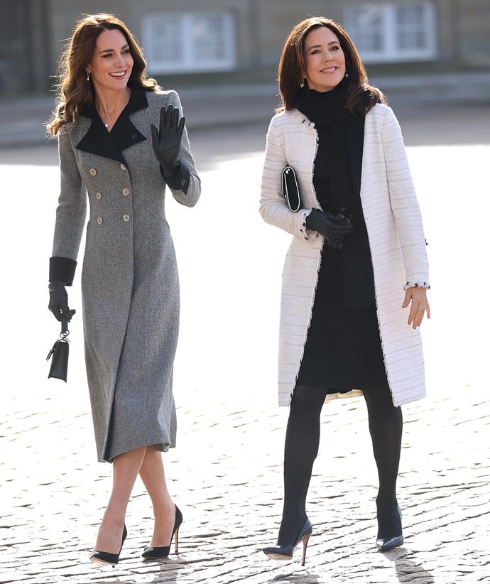 **February 2022, Denmark**
<br><br>
What a fashionable reunion! Mary donned an all-black outfit with a chic contrasting white coat (which she's been spotted in before) as she met up with Catherine, Duchess of Cambridge in Copenhagen.