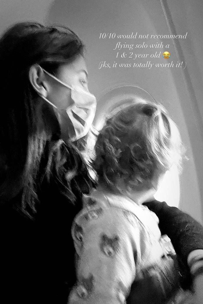 We're not sure, but something is telling us Jes didn't have the best time solo travelling with her one and two-year-olds. After landing, she posted this black-and-white snap and sarcastically quipped, "10/10 would not recommend flying solo with a 1 & 2-year-old (jks, it was totally worth it!).
