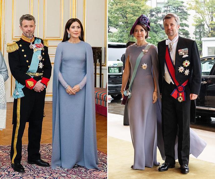 Princess Mary rewore a caped Valentino gown she previously wore in Japan in 2019 (right).