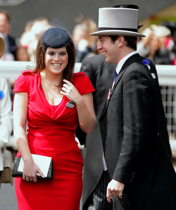 Princess Eugenie and Jack Brooksbank share a laugh at Royal Ascot in 2011.