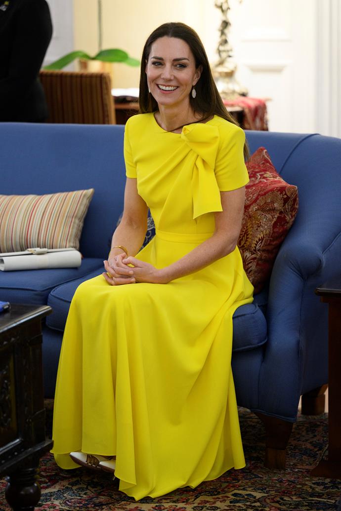 **March**
<br><br>
Not everyone can pull off a bright yellow frock, but Catherine did it effortlessly in this bespoke Roksanda Ilincic dress and white Aquazzura pumps.