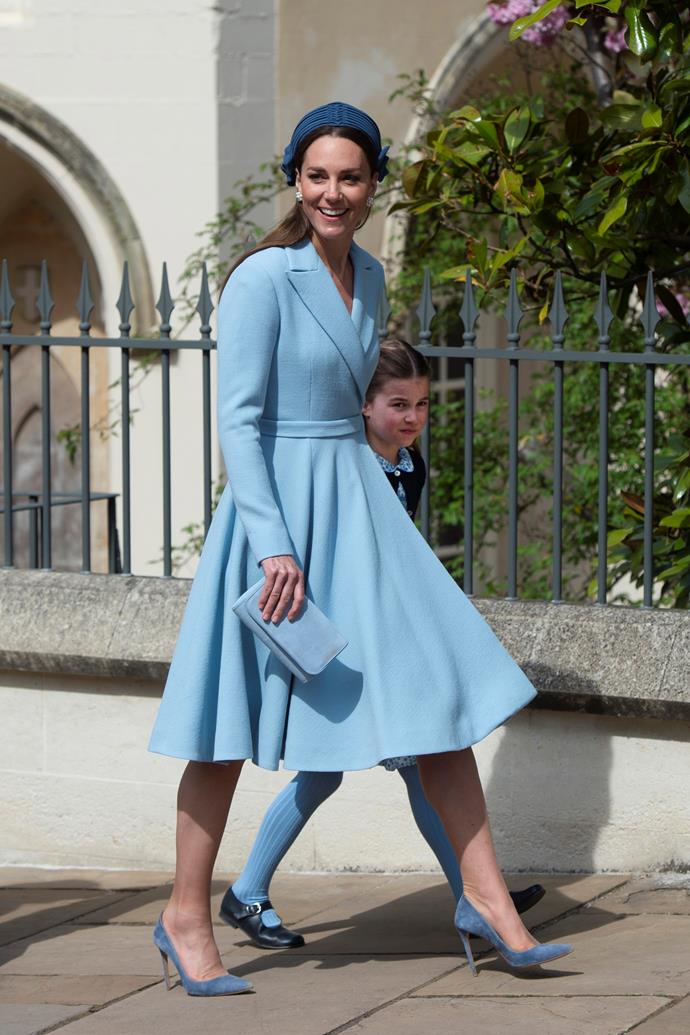 **April**
<br><br>
For Easter, the duchess wore a blue Emilia Wickstead coat dress she previously wore in 2017 and Jane Taylor London headband.