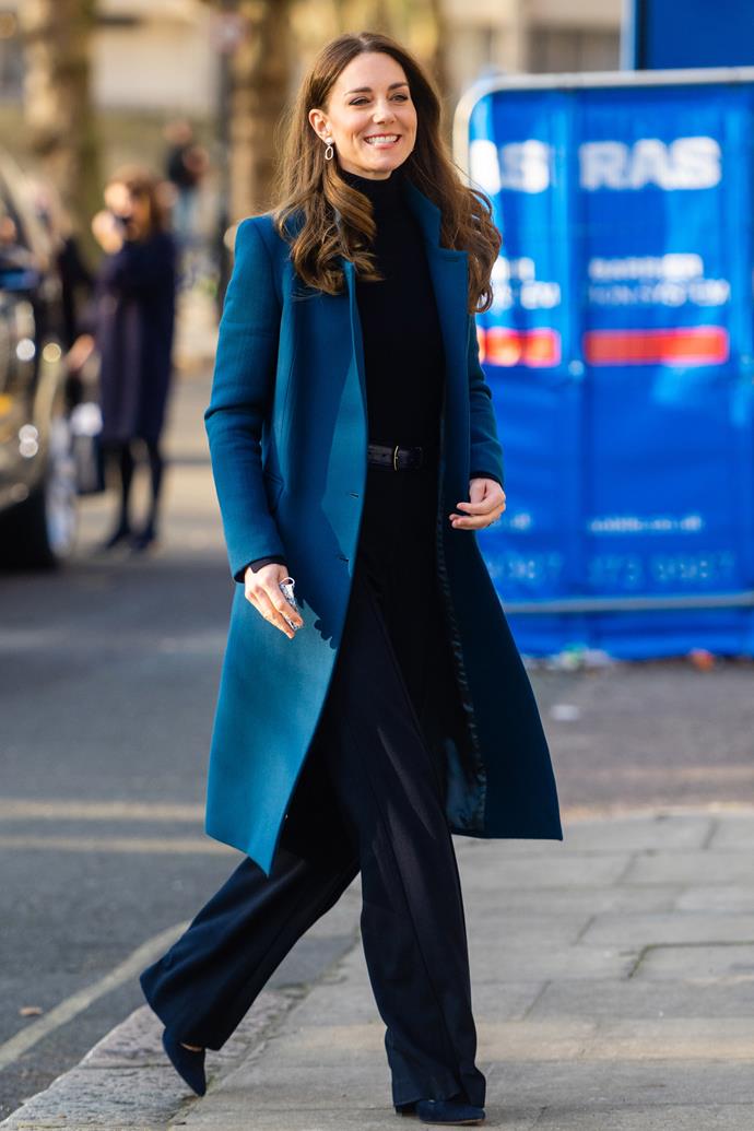**January**
<br><br>
For one of her first public outings of 2022 Catherine donned a blue coat and pair of wide-leg pants, both from Jigsaw, and accessorised with a pair of budget earrings from Accessorize.