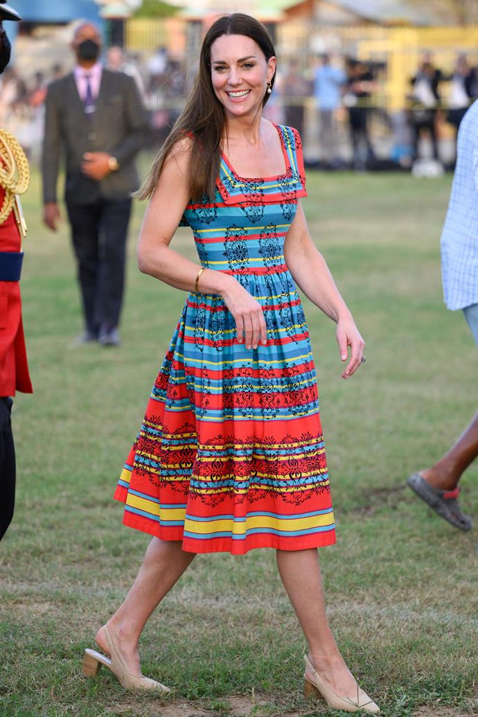 **March**
<br><br>
Catherine donned a rare vintage style during her and Prince William's tour, styling this 1950's striped frock with a bracelet from Jamaican designer Lashawndla Bailey-Miller.