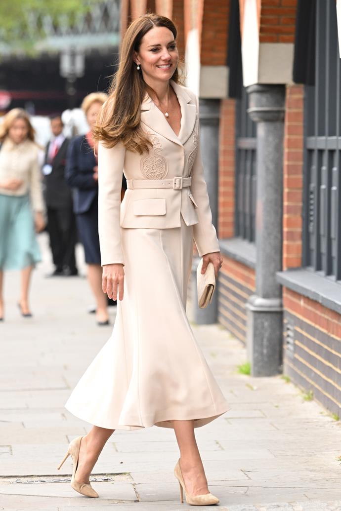 **April**
<br><br>
This $600 Self Portrait blazer and matching skirt were perfect for a rare outing with Princess Anne, as were Catherine's favourite Annoushka earrings and necklace.