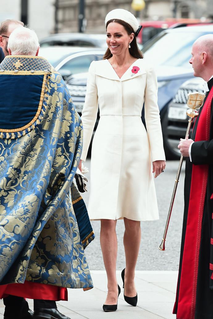 **April**
<br><br>
Princess Diana's Collingwood Pearl Earrings were the highlight of Catherine's ANZAC service outfit, which consisted of an Alexander McQueen dress she wore for Princess Charlotte's christening and Prince Harry and Meghan Markle's wedding.