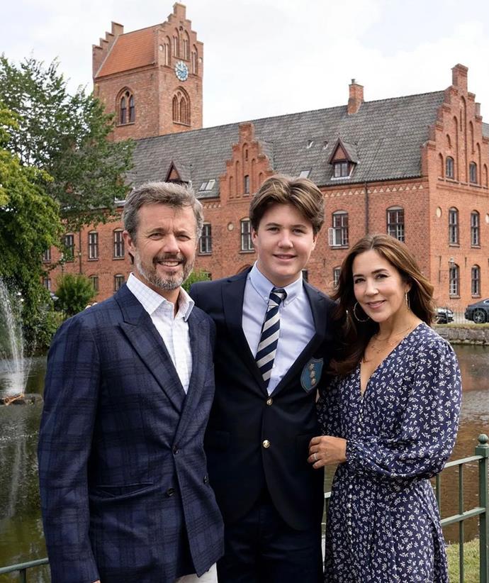 The couple pose with Prince Christian at Herlufsholm.