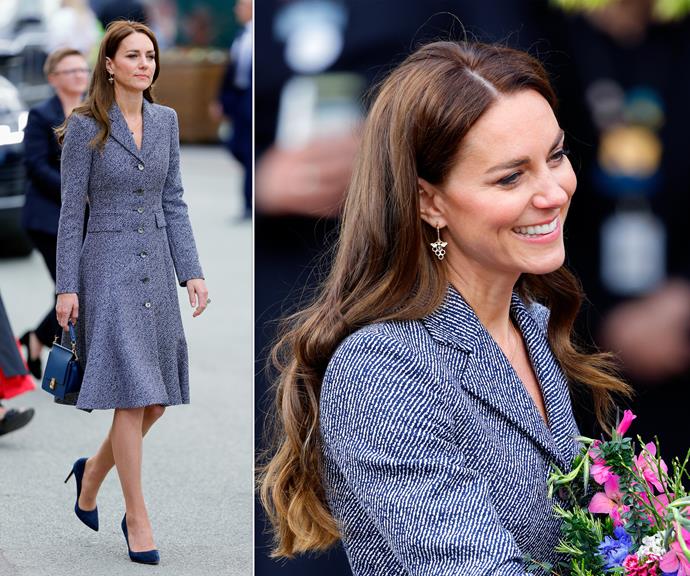 Catherine wore this Michael Kors swing coat for a visit to Manchester in May, accessorising with pricey earrings that held a special meaning. She chose a pair of gold Vanleles Diamonds bee earrings for the outing – estimated to be worth over $6,000 - the bee is the local symbol of Manchester.