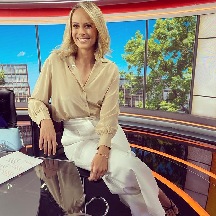 [Sylvia](https://www.nowtolove.com.au/parenting/celebrity-families/sylvia-jeffreys-peter-stefanovic-54552|target="_blank") manages to make even the simplest of outfits look incredible! While filming *Today Extra* in November 2021, she oozed corporate chic in this beige Scanlan Theodore blouse and white tapered trousers.