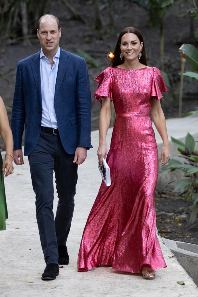 Catherine was a vision in pink sequins in this The Vampire's Wife gown during an evening engagement in Belize at the beginning of the royal Caribbean visit.