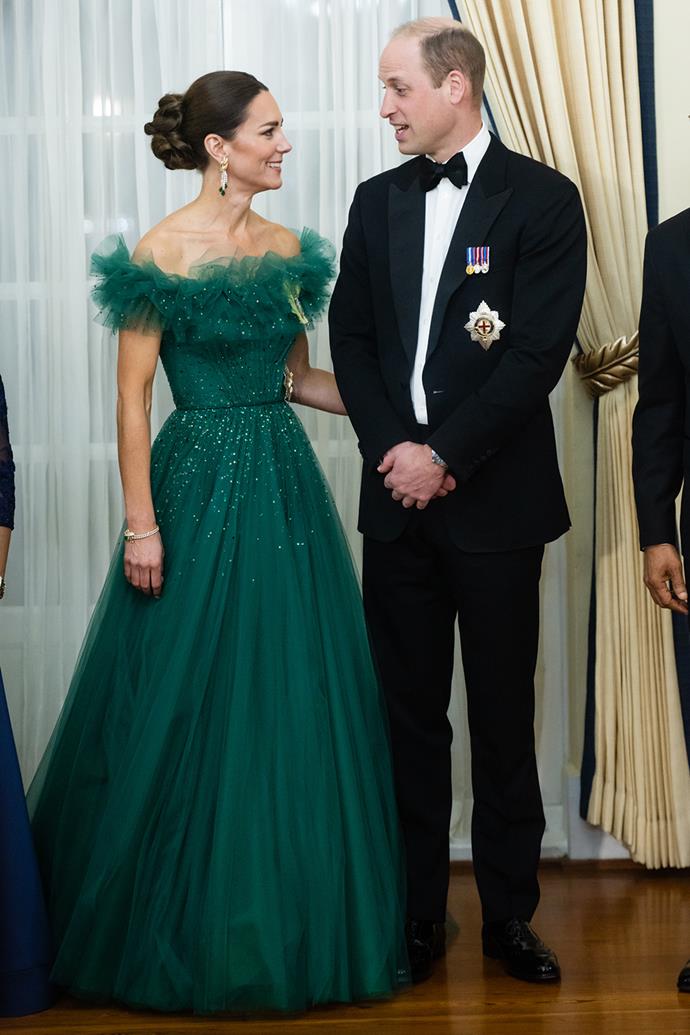 This Jenny Packham number stole the show when Catherine arrived at a reception in Jamaica on day five of the tour. She paired it with gold, diamond and emerald jewels on loan from the Queen.